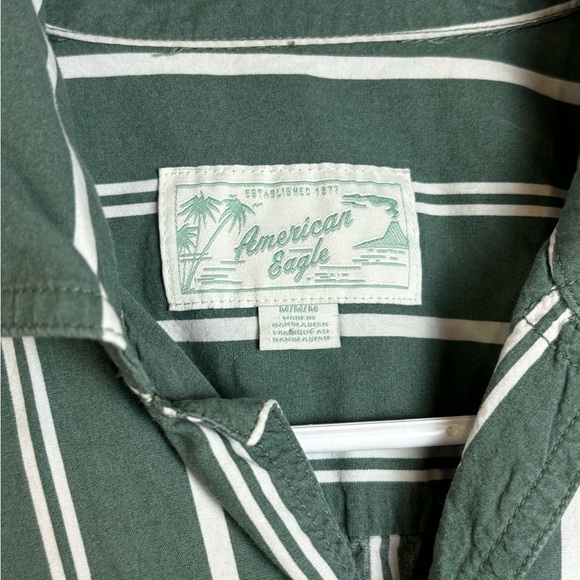 American Eagle Men’s Striped Green And White Poolside Lightweight Button Up Top - Picture 3 of 6